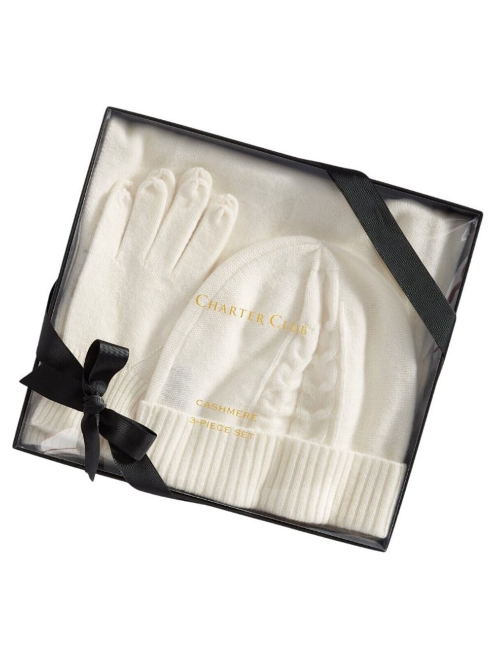 NWT Charter Club Cashmere Hat Gloves Scarf 3-Piece Set Vanilla Ice Off White